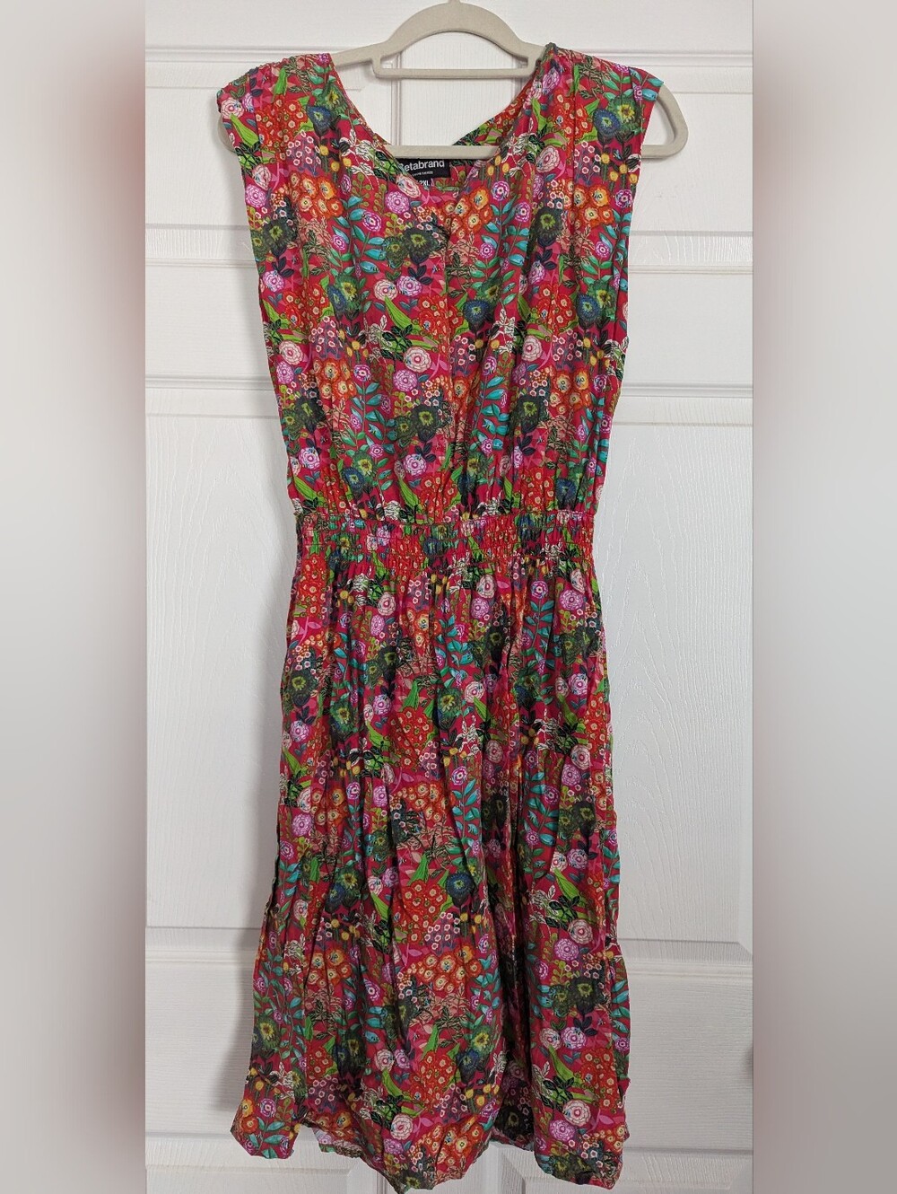 Betabrand Sleeveless Smocked Waist Garden Floral Midi Dress